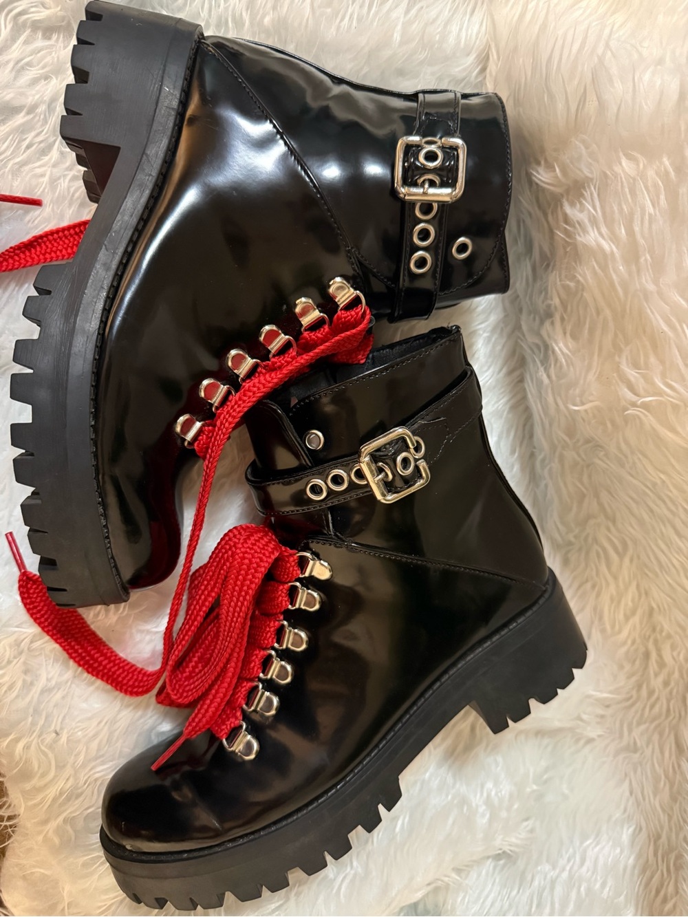 Patent Black Ankle Combat Boots with Red Laces